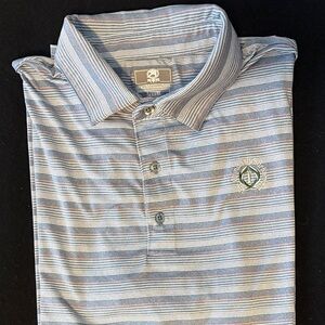 PGA Tour Memorial Tournament Blue, White and pink Striped Polo Shirt